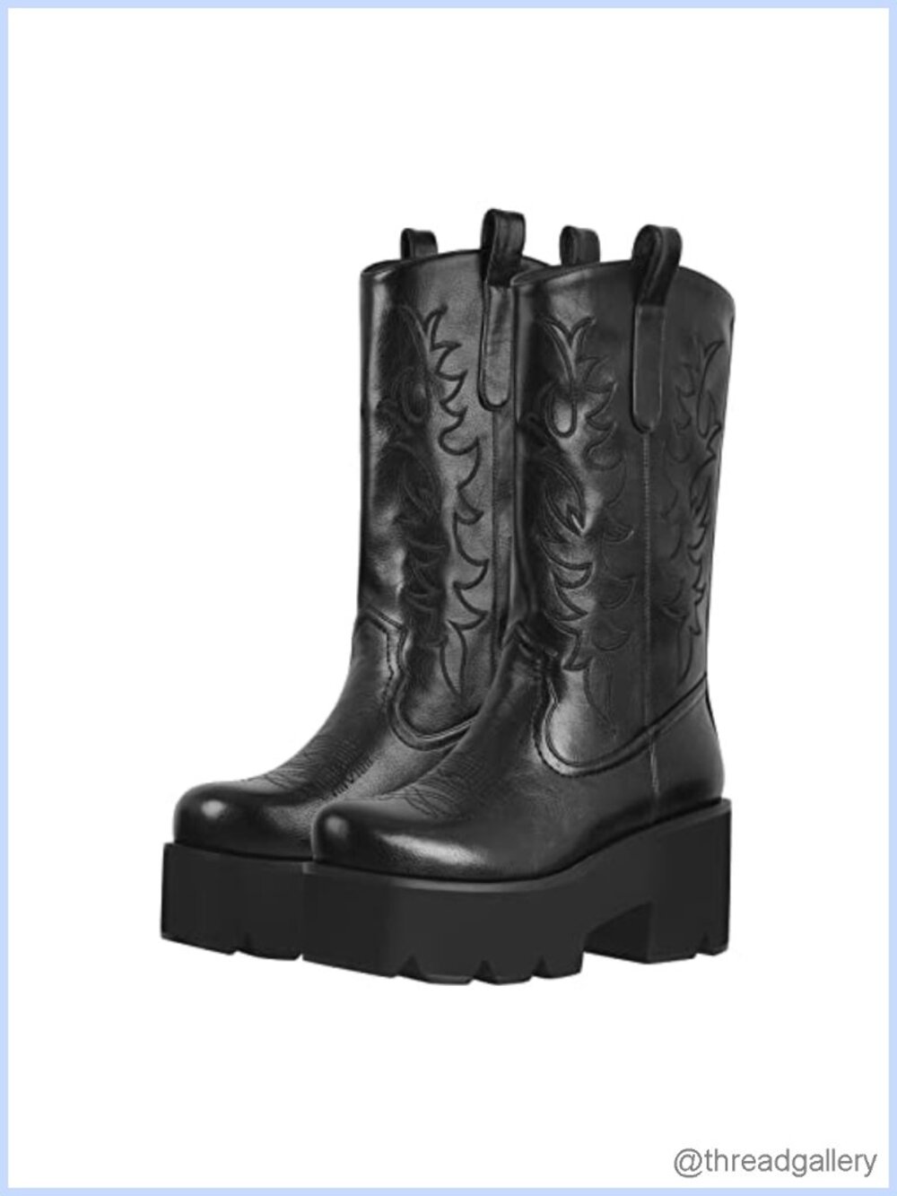 Embroidered Mid Calf Cowboy Boots Pull On Platform Booties Wide Calf